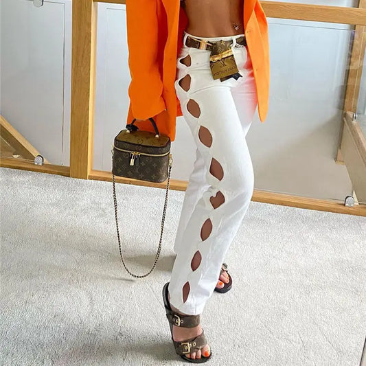 Woman Sexy White Hollow Out Straight Pants Silver Sam