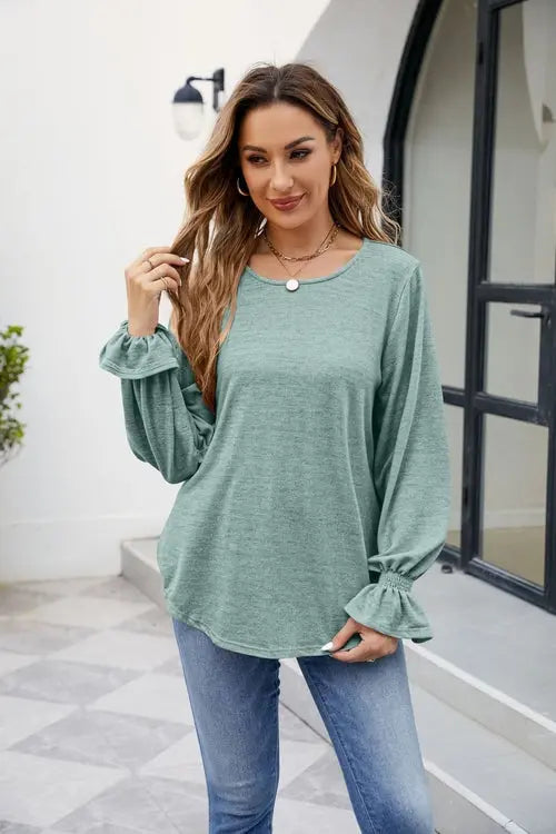 Solid Color Loose-Fit Long Sleeve T-Shirt with Round Neck Silver Sam