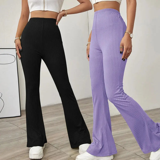 High-Waist Flared Knit Casual Pants for Women Without Belt Silver Sam