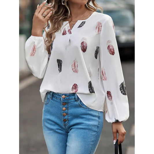 V-neck Feather Print Long-sleeved Loose T-shirt Women's Tops Silver Sam