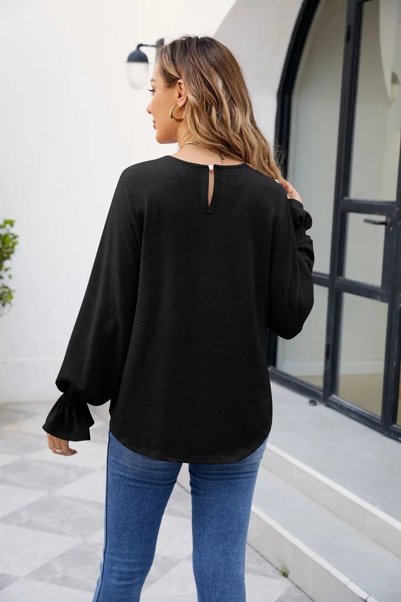 Solid Color Loose-Fit Long Sleeve T-Shirt with Round Neck Silver Sam