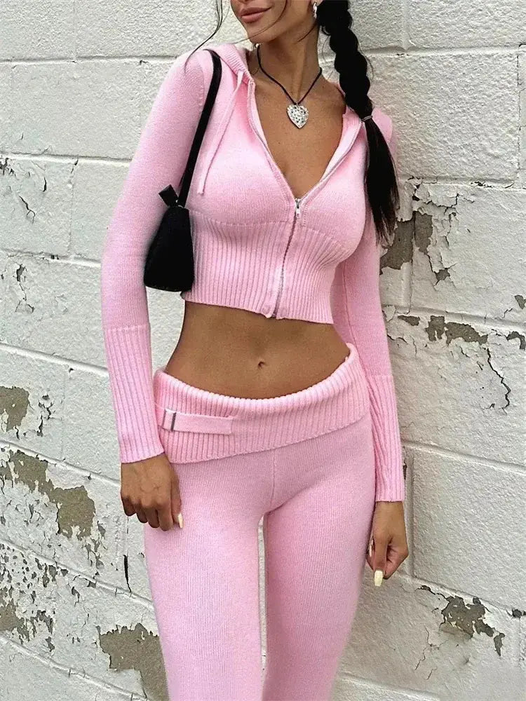 Knitted Hoodie Cropped Top And Pants Set We Are Everything